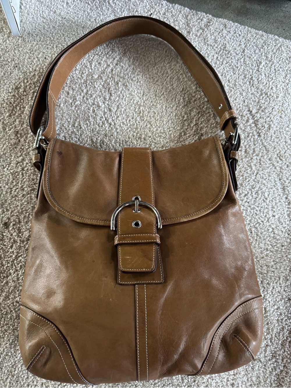 Coach Tan Leather Shoulder Bag with Silver Buckle